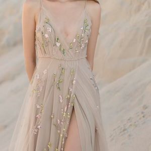 Wedding Dress Wmns Maxi Boho Fairy-core Custom Embroidered Sequined Silk Tulle